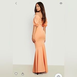 Boohoo Scuba Puff Sleeve Fishtail Maxi Dress in orange